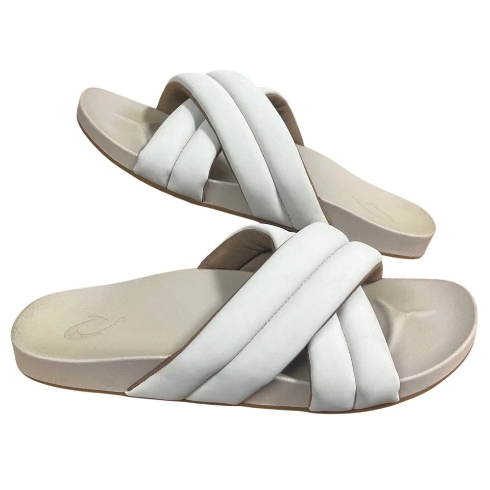 OluKai Mi'i Womens Leather Puffy Crisscross Slide Sandals Bone‎ White Size 10